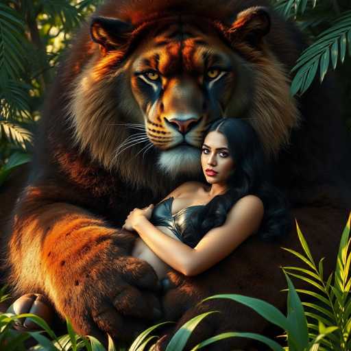 The image depicts a woman and a large tiger standing together in a jungle setting. The woman is wearing a black tank top and has long dark hair that falls down her back. She is hugging the tiger's neck affectionately. The tiger is a majestic creature with orange fur and white stripes, standing on all fours with its head turned to look at the camera.
The background of the image shows lush green foliage typical of a jungle environment.