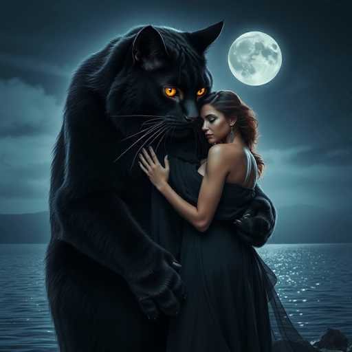 The image depicts a woman and a black cat standing together on a rocky shore under the moonlight. The woman is wearing a long dress that reaches down to her knees, while the cat has striking yellow eyes and a dark coat. They are positioned in front of a body of water with a full moon visible in the background.