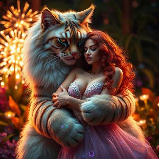 A woman with red hair wearing a pink dress is hugging a tiger with white fur and yellow eyes. The tiger's face is lit up by orange lights, creating an ethereal glow around them.