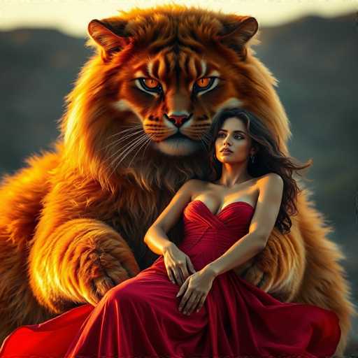 A woman is sitting on a rock with her legs crossed and wearing a red dress. Behind her, there's an orange tiger with its mouth open as if it's roaring or growling at the woman.