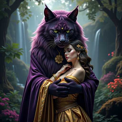 The image depicts a woman wearing a gold dress and a purple cape standing next to a large purple cat with yellow eyes and a red nose. The cat is holding the woman's hand.