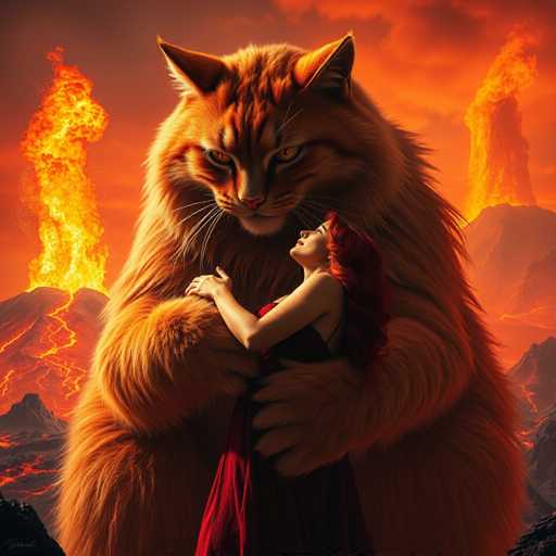 The image depicts an orange cat standing on a rock and looking at a woman with red hair wearing a red dress who is hugging the cat. The background shows a fiery landscape with lava flowing down mountains.