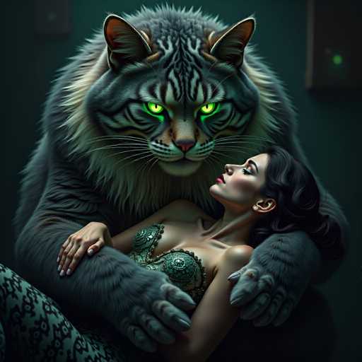 A woman with long dark hair is lying on a couch and hugging a large gray cat that has green eyes.