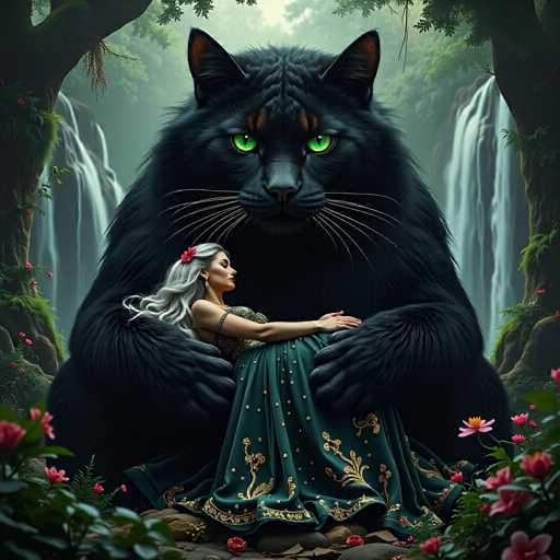 The image depicts a woman with blonde hair and blue eyes wearing a green dress sitting on the ground next to a large black cat with striking green eyes. The setting is an enchanting forest scene featuring trees and waterfalls in the background.