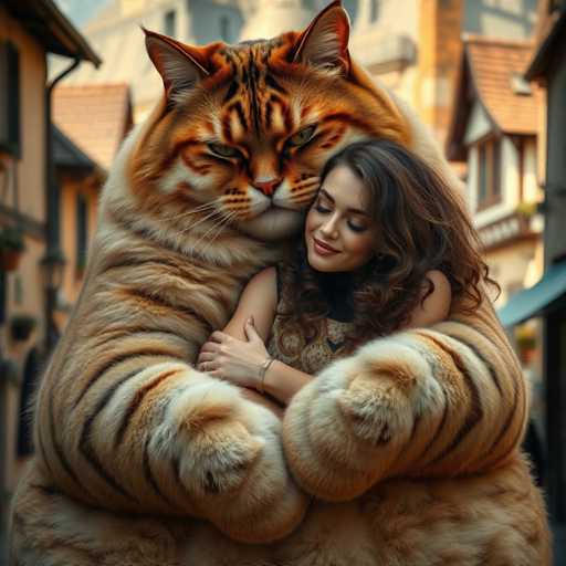 A woman with brown hair is hugging a large orange and white cat that has stripes on its face and chest. The cat's fur appears to be fluffy and the background includes buildings and trees.