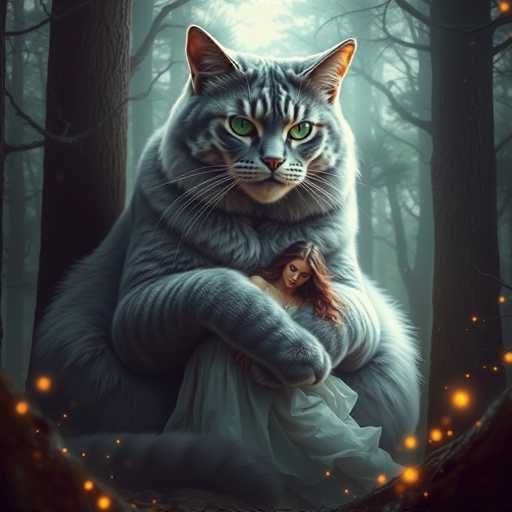 The image depicts a large gray cat with green eyes and white paws standing on its hind legs, holding onto the head of a woman who is dressed in a white dress and has long hair. The background features trees and glowing orange sparks, creating an ethereal atmosphere.