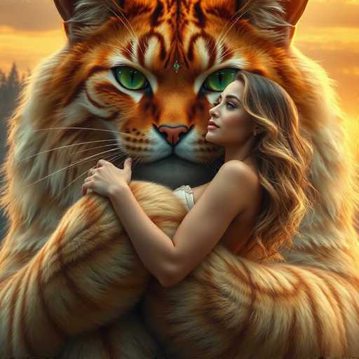 The image depicts a woman with long brown hair and blonde hair wearing a white dress, standing next to an orange tiger with large green eyes and a yellowish-orange striped pattern on its fur. The tiger is positioned behind the woman's head, creating a sense of depth in the scene.