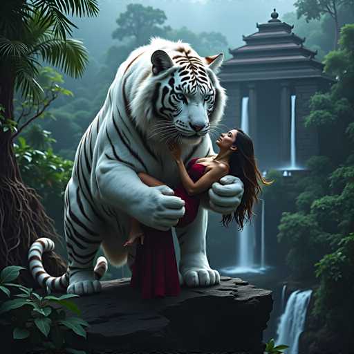 A woman is standing on a rock and hugging a large white tiger that is also standing on the same rock. The scene takes place in front of a waterfall with trees surrounding it.