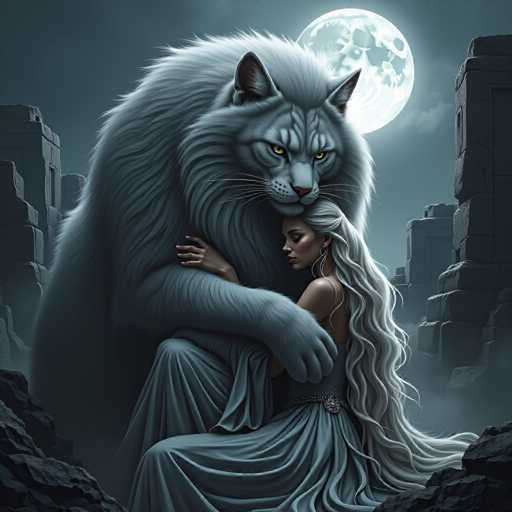 The image depicts a woman with long blonde hair and blue eyes sitting on the ground next to a large white cat with fur as white as snow. The cat is standing behind the woman, its gaze fixed on her. In the background, there are ruins of buildings that add an element of mystery to the scene.