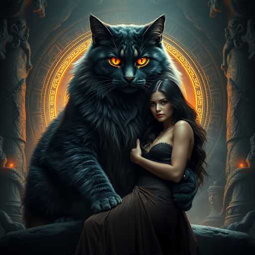 The image depicts a woman and a large black cat sitting together on a rock. The woman is wearing a long dress with a high neckline and dark hair, while the cat has striking blue eyes and a deep black coat. They are positioned in front of an ornate archway that features intricate designs and patterns.