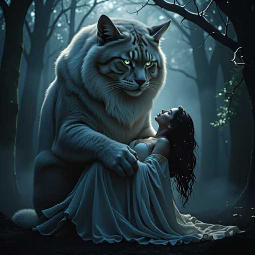 A woman with long dark hair is sitting on a log in a forest surrounded by trees and bushes. The woman has her legs crossed over the log as she gazes at something off to the side. Next to her, there's an enormous white cat with green eyes that appears to be staring directly at the camera.