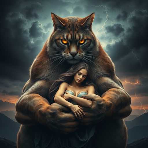 The image depicts a woman and a large brown cat with glowing orange eyes locked in an embrace against a dark sky filled with clouds and lightning bolts. The woman is wearing a blue dress, while the cat has a red coat.