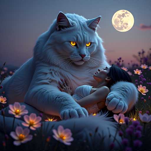 A large white cat with yellow eyes is lying on a woman's lap in the center of a field filled with purple flowers and a full moon in the background.