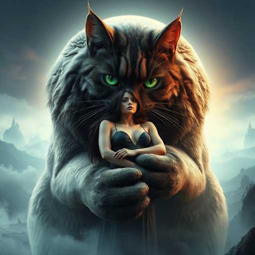 The image depicts a woman with long brown hair and green eyes standing next to a large gray cat with white fur and black stripes on its face. The cat is positioned behind the woman's head, creating an imposing presence. The background features a cloudy sky and mountains in the distance, adding depth and context to the scene.