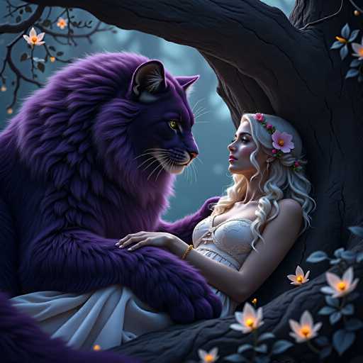 A woman with blonde hair is lying on a tree branch surrounded by white flowers and purple fur. A large cat with purple fur is sitting next to her.