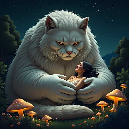 A white cat with yellow eyes is sitting on a mushroom and holding a woman's hand. The cat has large ears and a long tail. The background features trees and mushrooms against a dark blue sky.