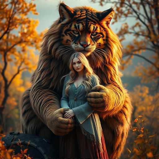 A woman with blonde hair is standing next to a large tiger statue wearing a long dress and holding the tiger's head. The scene takes place in an autumn forest setting with trees displaying orange leaves.