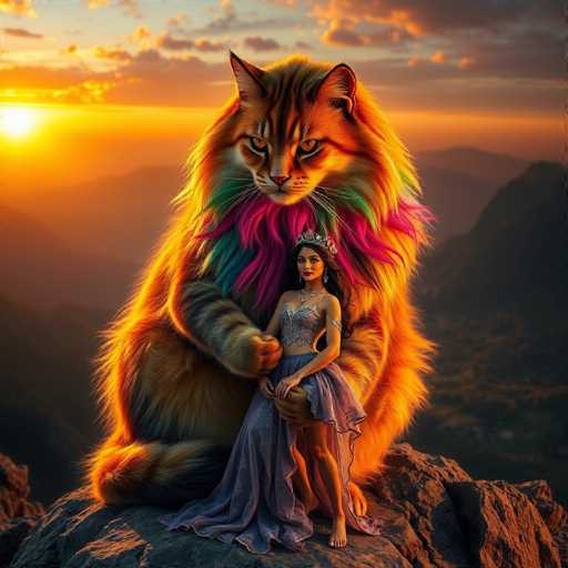 A woman is standing on a rock with her arms crossed and legs apart, wearing a purple dress and holding the tail of a large cat that has rainbow-colored fur. The cat's eyes appear to be glowing in the warm light of the setting sun behind them.