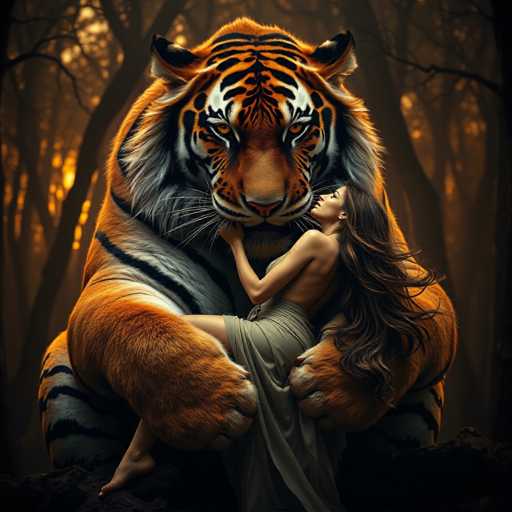 A woman with long brown hair is hugging a large tiger that has orange and black stripes on its head and body. The tiger's eyes are open wide as it looks at the camera.