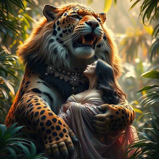 A woman is seen embracing a large tiger with its mouth open and teeth showing. The tiger's fur is a mix of orange and black colors, and it has a necklace around its neck. The background features lush green foliage and trees, creating an impression of the tiger being in a jungle or forest setting.