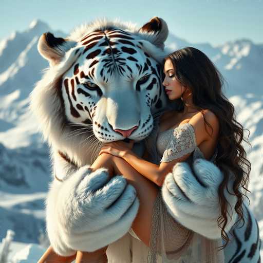 A woman with long brown hair is hugging a large white tiger with black stripes and orange eyes. The tiger's fur appears to be white with black stripes, and its eyes are a striking shade of orange.