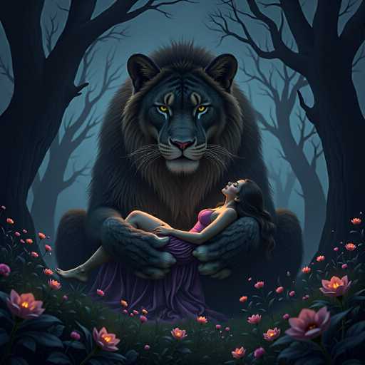 A woman is lying on her back with her legs crossed and arms resting on the lap of a large black tiger that is standing behind her. The tiger's fur is dark and it has its mouth open as if to say "I'm hungry". The background features trees and flowers, creating an atmosphere of mystery and danger.