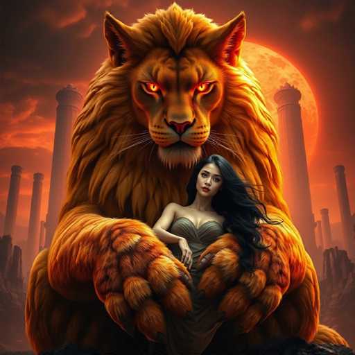 The image depicts a woman and a lioness standing together against an orange sky with a full moon. The woman is wearing a brown dress and has long dark hair, while the lioness is a large, majestic creature with golden fur. They are positioned in front of a temple-like structure that stands tall behind them.