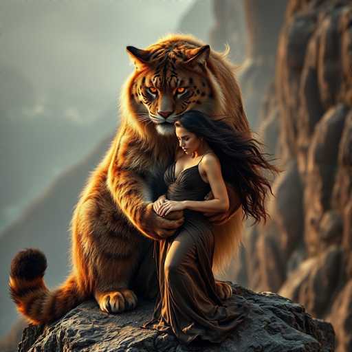 A woman is seen embracing a large tiger on top of a rock formation. The woman is wearing a brown dress and the tiger has orange fur.