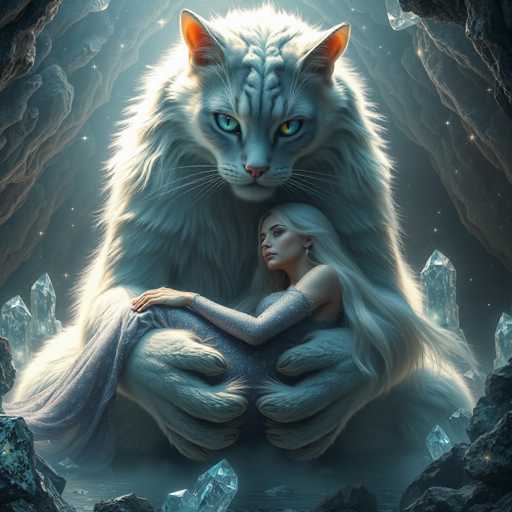 The image depicts a fantastical scene featuring a white cat with blue eyes and long whiskers, wearing a blue dress and holding a crystal ball in its paws. The cat is standing on the left side of the frame, while a woman dressed in a white gown stands to the right, both facing each other.