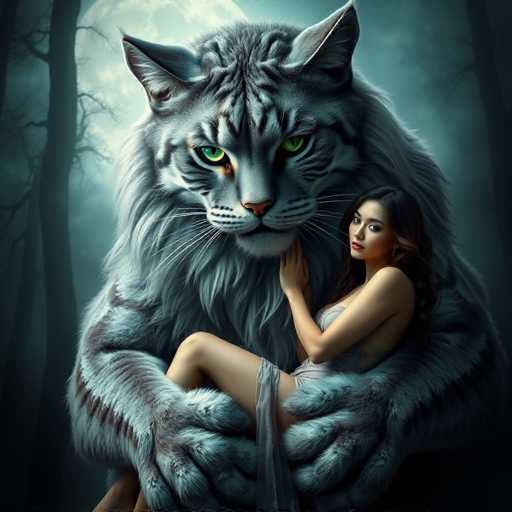 The image depicts a woman and a large gray tiger with green eyes sitting together on a rock. The woman is wearing a white dress, while the tiger has a white coat that matches its surroundings. They appear to be in a forest setting, with trees visible in the background.