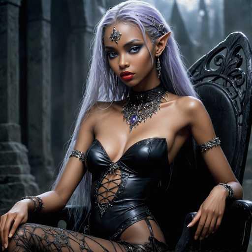 A woman with long purple hair is seated on a black throne-like chair, wearing a black leather bodysuit and earrings. She has her hands resting on the seat of the chair. The background features dark stone walls and columns, creating an atmosphere of mystery and intrigue.