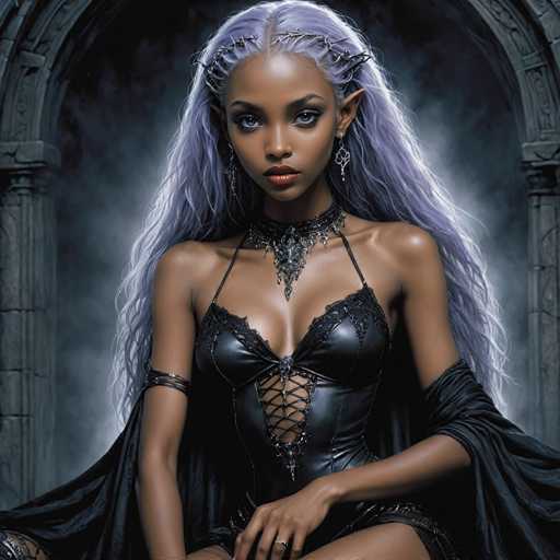 A woman with long purple hair is seated on a throne-like structure made of stone and metal, wearing a black dress adorned with silver accents and a necklace featuring a large pendant. The background is dark and shrouded in fog, creating an atmosphere of mystery and intrigue.