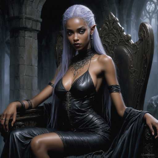 A woman with long purple hair is seated on a throne-like chair, wearing a black dress and earrings. The setting appears to be an old castle or cathedral, suggesting a Gothic or medieval theme for the image.