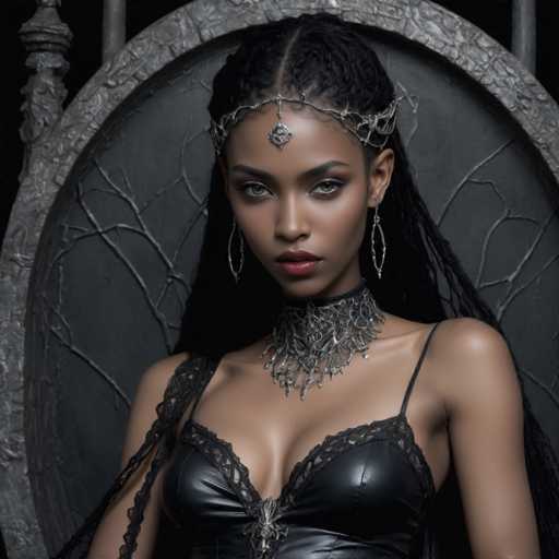 The image shows a woman with long dark hair wearing a black strapless dress and a silver headpiece featuring a large pendant. She is positioned against a dark background that includes a stone wall and a metal gate. The woman's gaze is directed straight at the camera, creating an engaging visual connection between her and the viewer.