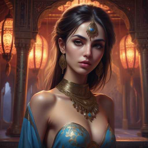 The image depicts a woman wearing a blue dress with gold accents and a gold necklace and earrings. She is positioned against the backdrop of an ornate room with columns and arches, suggesting a grand or historic setting. The lighting in the background casts a warm glow on her face, enhancing the overall ambiance of the scene.