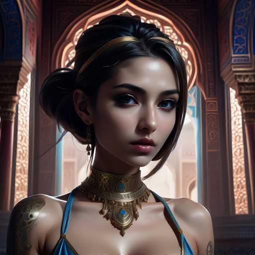 The image shows a close-up portrait of a woman with dark hair and blue eyes wearing a gold necklace and earrings. The background features an ornate archway adorned with intricate designs in shades of blue and gold, suggesting a luxurious or opulent setting.