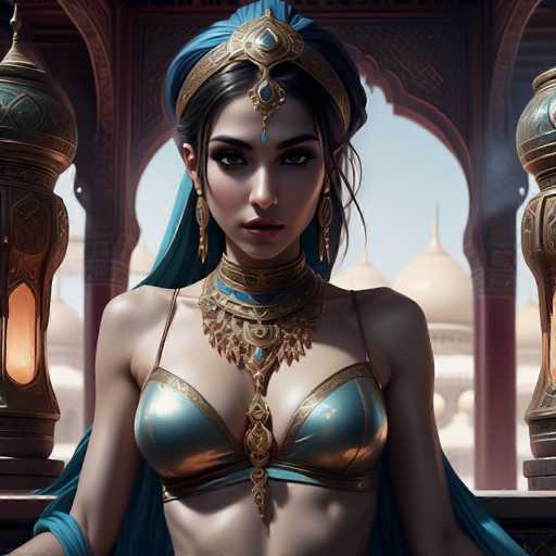 The image depicts a woman wearing a blue headscarf and gold jewelry, including a large turban with intricate designs on it. She is standing in front of a building adorned with ornate arches and columns, suggesting an architectural style reminiscent of ancient Egypt or other historical periods. The woman's pose and attire give the impression that she is a princess or queen, possibly from a bygone era.