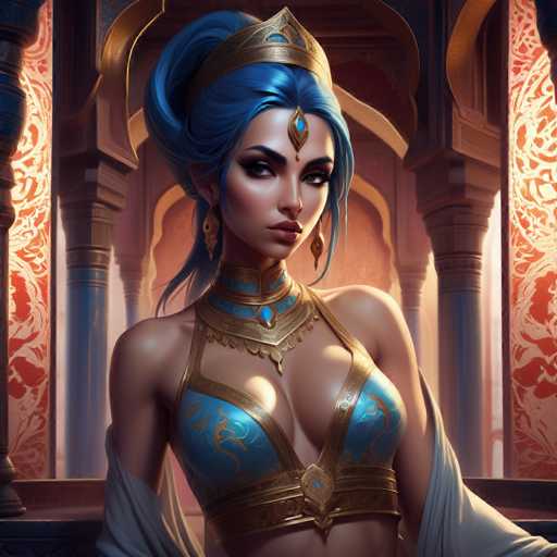 The image depicts a woman with blue hair and gold jewelry wearing a blue and gold dress. She is positioned against the backdrop of a building with columns and arches, suggesting an architectural setting. The woman's pose and attire give off a regal and majestic aura.