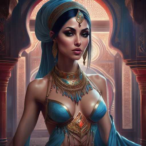 The image depicts a woman wearing a blue headscarf and gold jewelry, including earrings and a necklace with a large pendant. She is standing in front of an archway or doorway that has intricate designs on it, suggesting a historical or cultural context. The background features red and gold colors, which could be the color scheme of a traditional outfit worn by women during that time period.
The woman's attire includes a blue headscarf with gold accents, a necklace with a large pendant, earrings, and a robe draped over her shoulders.