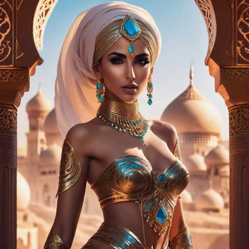 A woman is standing in front of a large archway with intricate designs and gold accents. She is wearing a white headscarf and a gold necklace that features blue gemstones. The background shows the architectural style of a palace or castle, suggesting an opulent setting for this image.