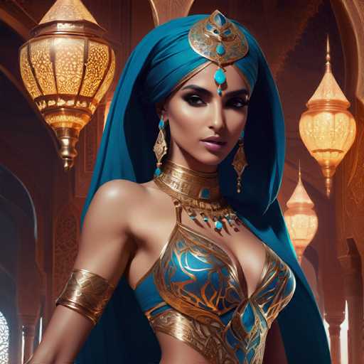 The image depicts a woman wearing traditional Middle Eastern attire, including a blue headscarf and gold jewelry. The background features ornate lamps that cast a warm glow over the scene.