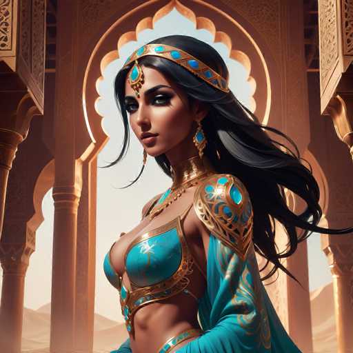 The image depicts a woman wearing traditional Middle Eastern clothing with blue and gold accents. She is standing in front of an archway that leads to a desert-like setting. The background features intricate patterns and designs on the walls, adding depth and complexity to the scene.