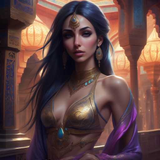 The image depicts a woman with long dark hair wearing a gold and blue dress adorned with jewels. She is positioned on the left side of the frame, facing towards the right. The background features a large archway with multiple lanterns hanging from it, creating an atmospheric setting for the scene.