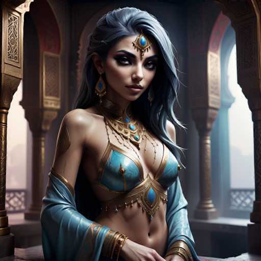 A woman with long blue hair is standing in front of a golden archway and wearing a blue dress adorned with gold accents. She has a large earring on her left ear and a necklace around her neck. The background features a dark room with arches and columns, creating an atmosphere of mystery and intrigue.