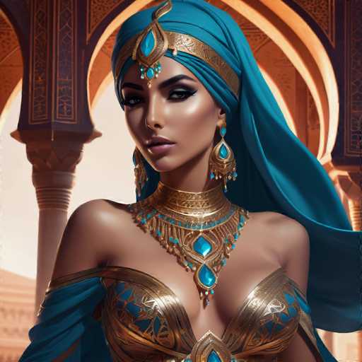 The image depicts a woman wearing a blue headdress and gold jewelry, including earrings and a necklace with turquoise stones. The background features an archway or doorway, suggesting the setting could be a palace or other grand structure.