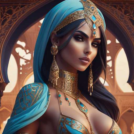 The image shows a close-up portrait of a woman with long dark hair and striking blue eyes. She is wearing a traditional blue headdress adorned with gold accents that sparkle under the light. The background features an ornate archway, adding to the overall grandeur of the scene.