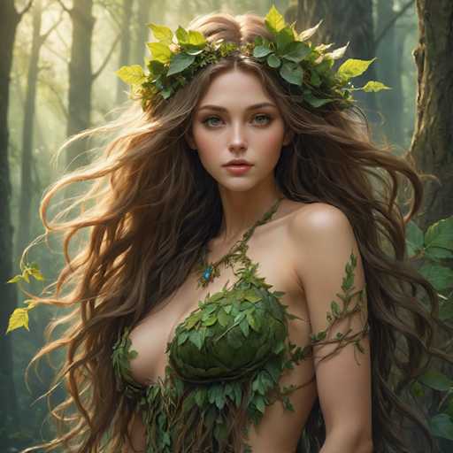 A woman with long brown hair is wearing a green wreath on her head and a necklace made of leaves around her neck. She has a natural look that complements the forest setting where she stands. The background features trees and foliage, creating an atmosphere of tranquility and harmony with nature.