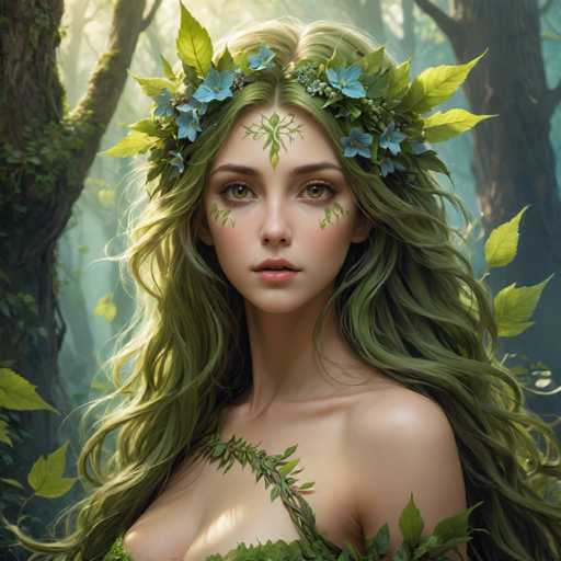 The image depicts a woman with long, flowing green hair adorned with blue flowers and leaves. She is wearing a crown of flowers on her head, suggesting she may be a goddess or a deity. The background features trees and foliage, creating an impression of being in a forest setting.