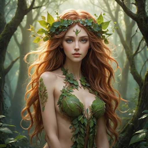 The image shows a woman with long red hair wearing a green leafy headdress and a body suit made of leaves. She is standing in front of trees, suggesting that she might be in a forest or wooded area. The background appears to be a dense collection of trees, providing a natural setting for the scene.