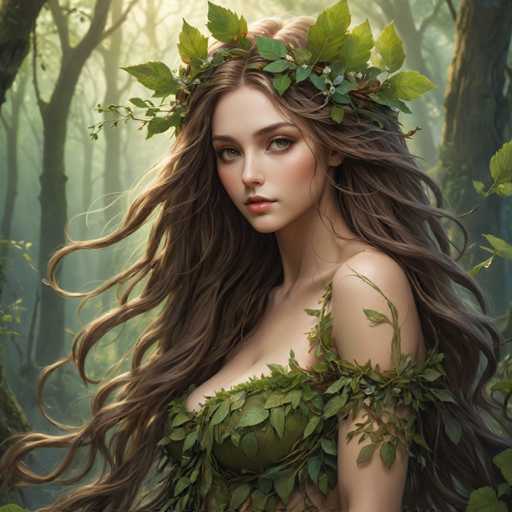 A woman with long brown hair is wearing a green dress and has a crown of leaves on her head. The background features trees and foliage, creating an impressionistic style that emphasizes the natural elements in the scene.